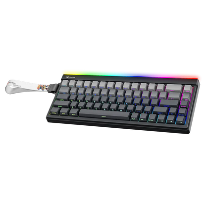 Gaming keyboard with colorful RGB lighting, black keycaps, wrist strap extending left