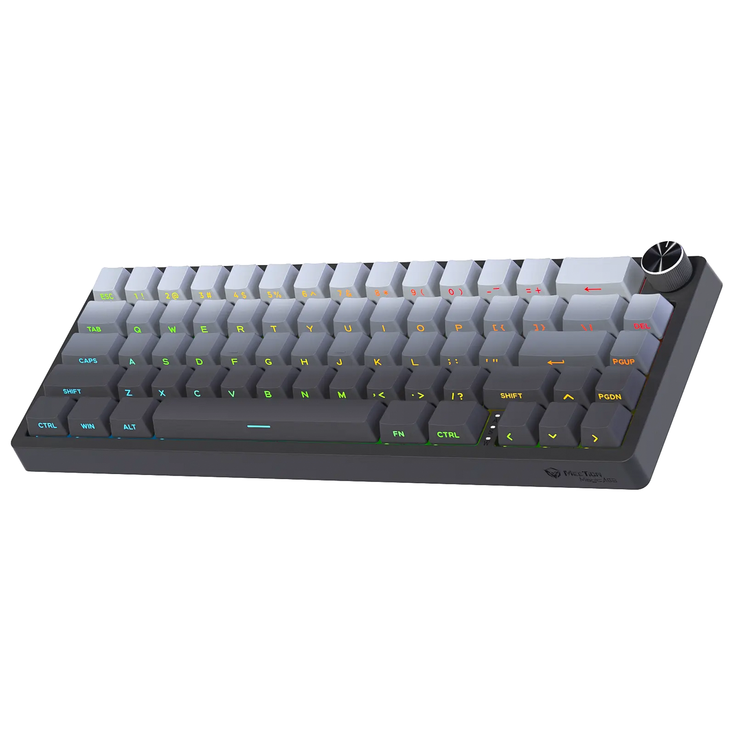 Compact mechanical keyboard with RGB-lit keys and dark base, volume knob on the right