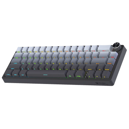 Compact mechanical keyboard with RGB-lit keys and dark base, volume knob on the right