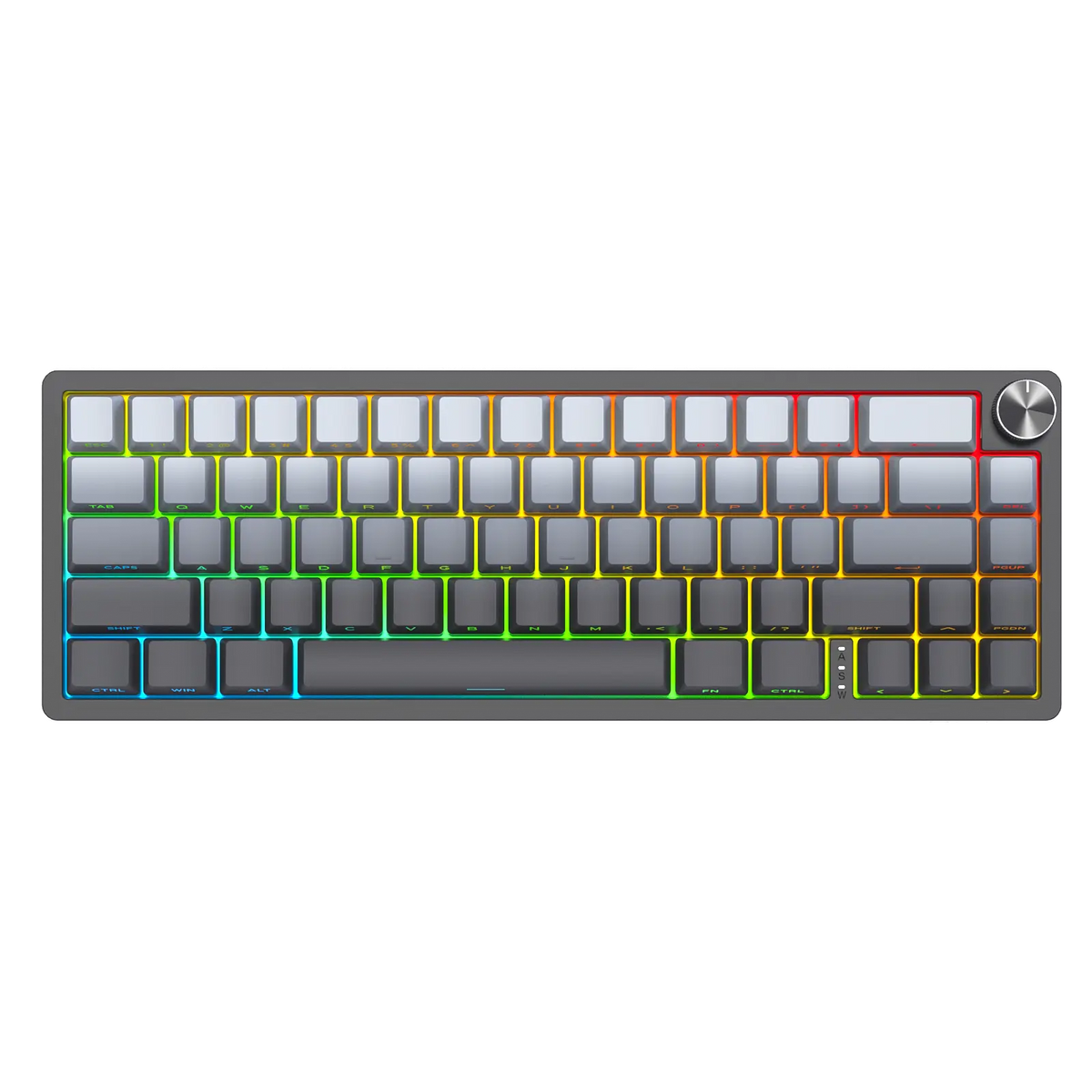 Compact mechanical keyboard close-up with RGB backlit keycaps in blue, green, and yellow
