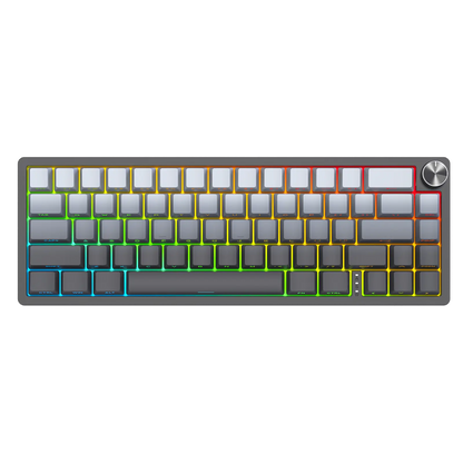 Compact mechanical keyboard close-up with RGB backlit keycaps in blue, green, and yellow