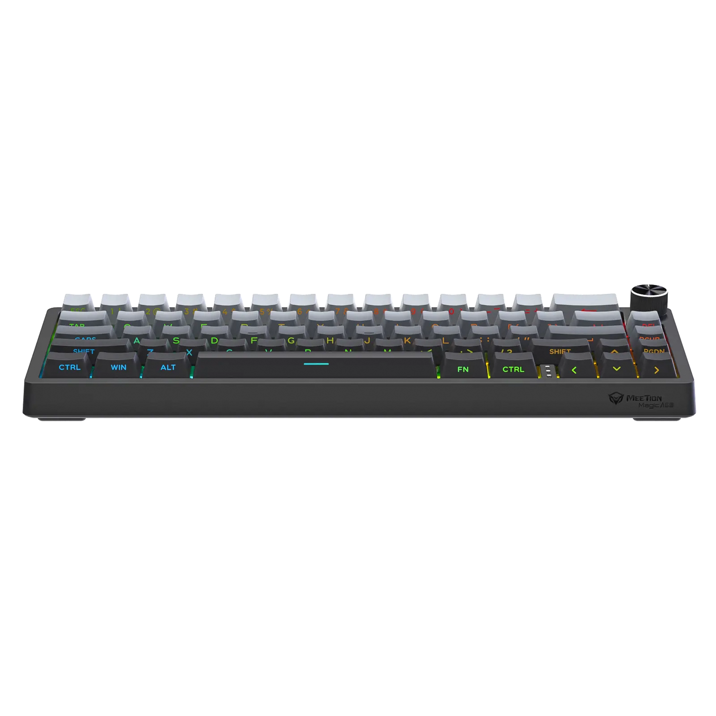 Compact mechanical keyboard with white keycaps and RGB backlight, dark bezel and side knob
