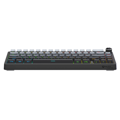 Compact mechanical keyboard with white keycaps and RGB backlight, dark bezel and side knob