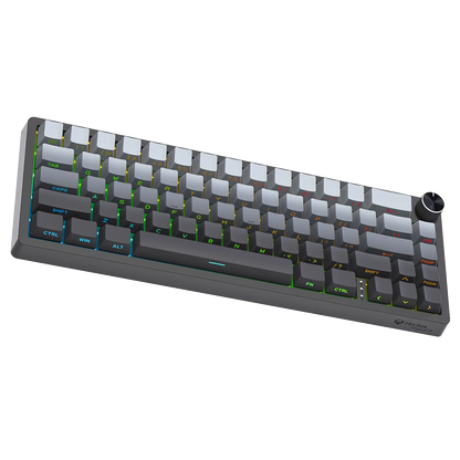 Compact mechanical keyboard with multicolor RGB keys, dark base and keycap legends