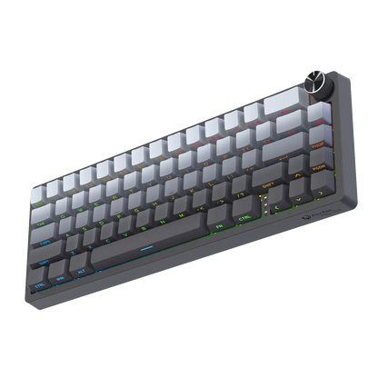 Compact mechanical keyboard with RGB-lit keys and dark frame, top-right control knob