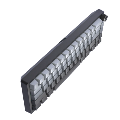 Compact mechanical keyboard with dark frame and white double-shot keycaps, side view