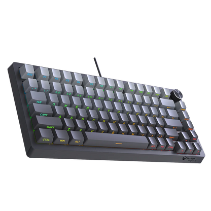 Three-quarter view of compact mechanical keyboard with gray ABS keycaps