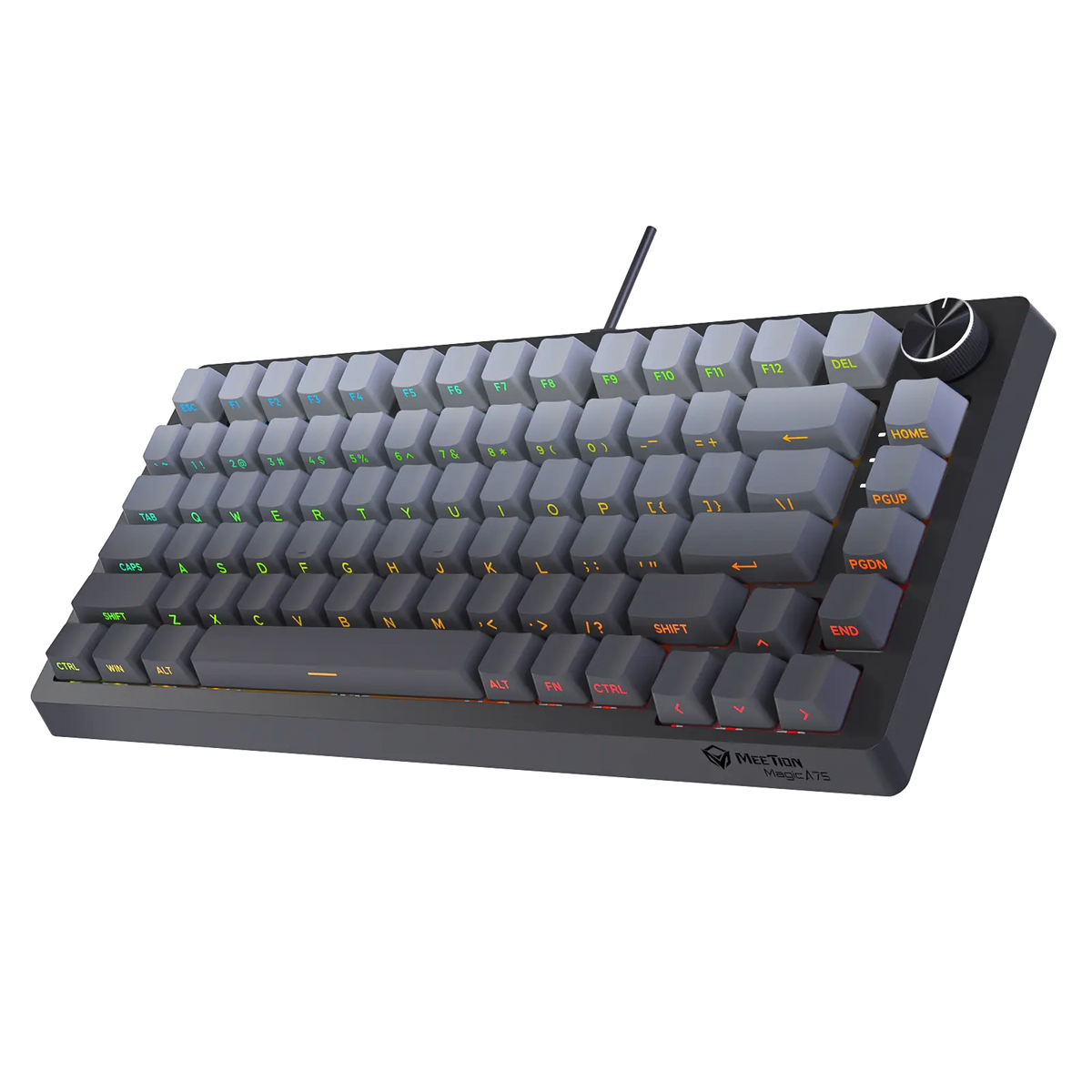 Compact mechanical keyboard with gray ABS double-shot keycaps and side profile