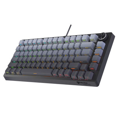 Compact mechanical keyboard with gray ABS double-shot keycaps and side profile