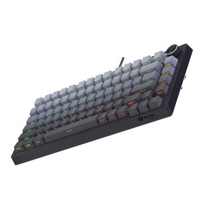 Angled view of compact mechanical keyboard with gray ABS double-shot keycaps