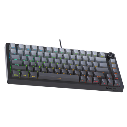 75% compact mechanical keyboard with gray ABS keycaps, colored modifier legends
