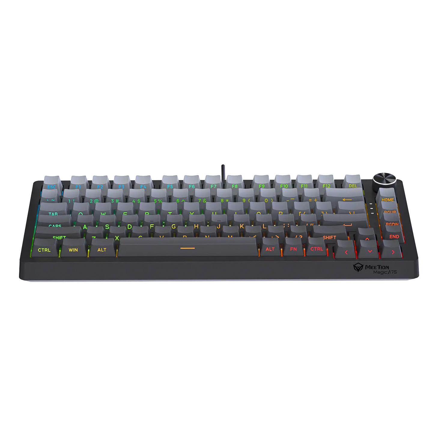Compact mechanical keyboard with gray ABS double-shot keycaps and colored legends
