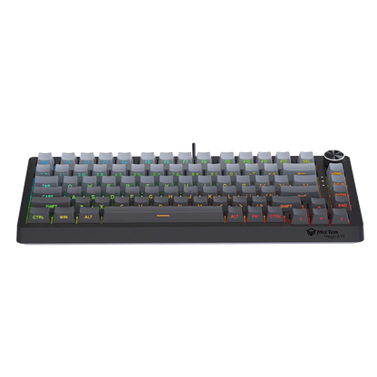 Compact mechanical keyboard with gray ABS double-shot keycaps and colored legends