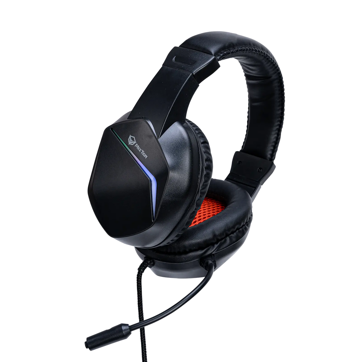 Meetion HP022 backlit gaming headphones, black with red-lit ear pad and blue side light