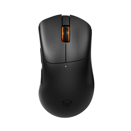 Black wireless mouse with orange center light strip and scroll wheel