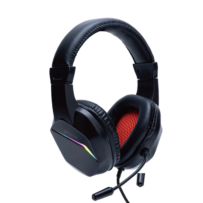 Meetion HP022 backlit gaming headphones, black with red-lit ear cups and rainbow stripe