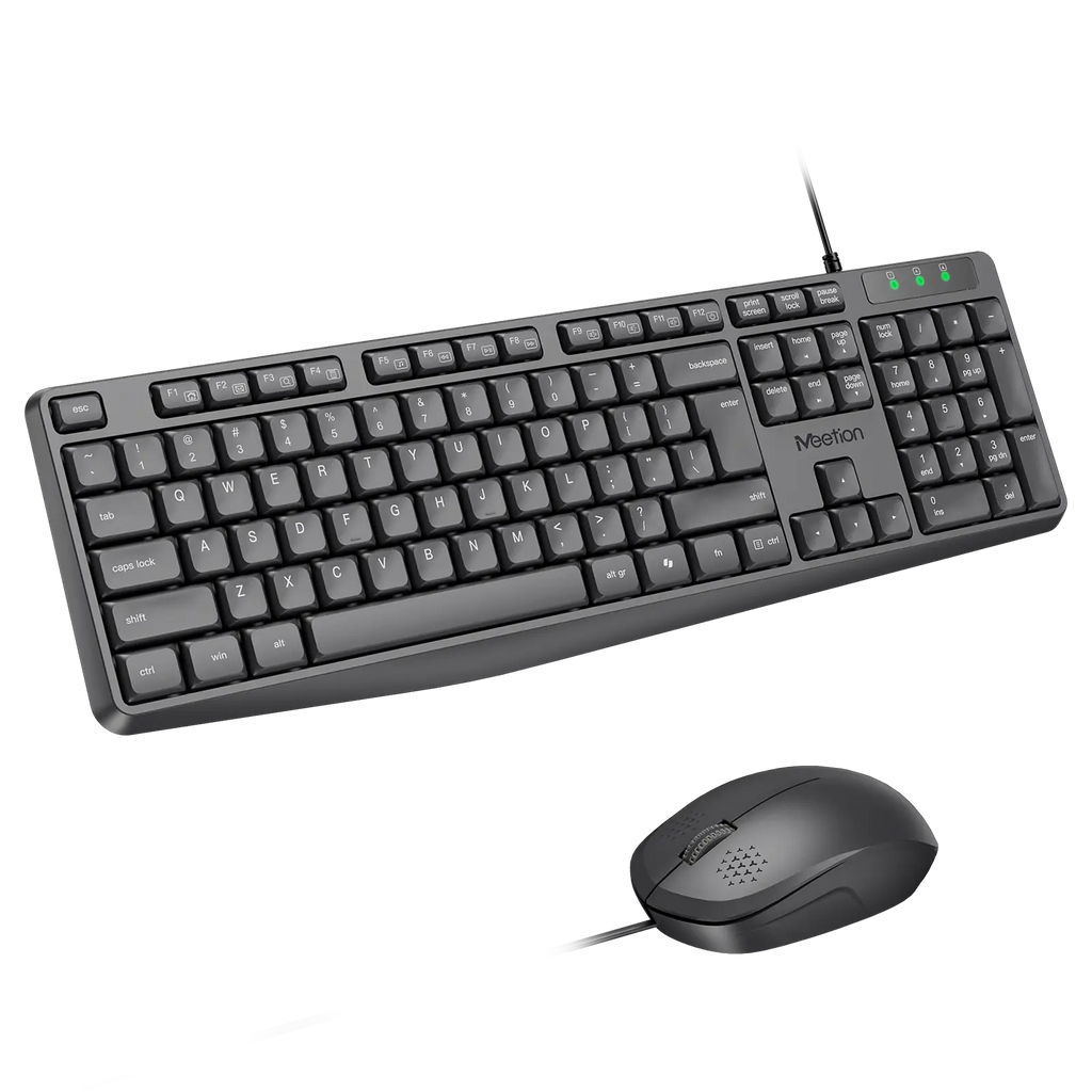 A black wired computer keyboard and matching computer mouse set, shown on a plain white background. The keyboard has a visible 'Mention' brand logo on the spacebar area.