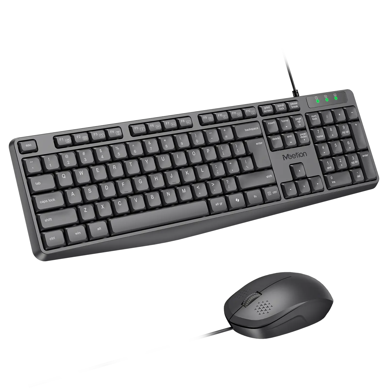 A black wired computer keyboard and matching computer mouse set, shown on a plain white background. The keyboard has a visible 'Mention' brand logo on the spacebar area.