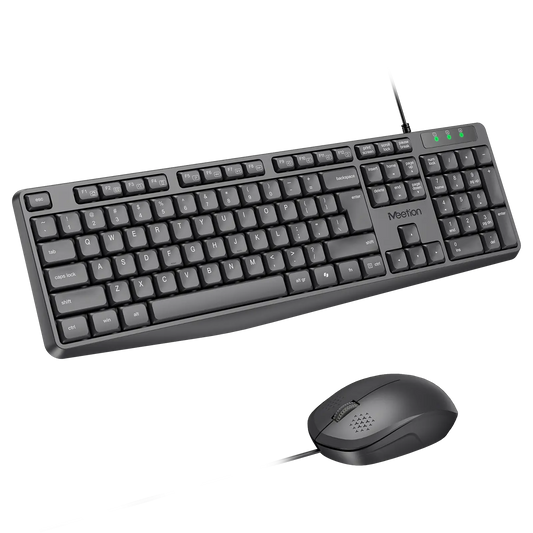 A black wired computer keyboard and matching computer mouse set, shown on a plain white background. The keyboard has a visible 'Mention' brand logo on the spacebar area.