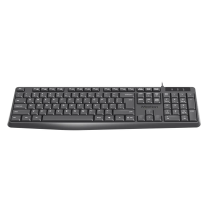 Black wired keyboard, full-size layout with function keys and brand logo