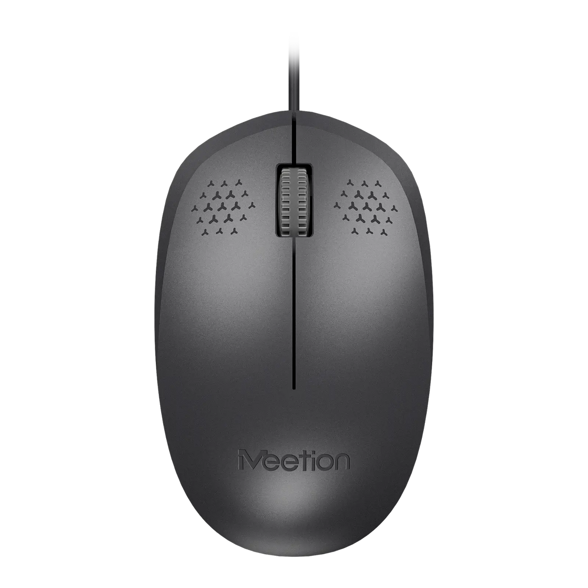 Black wired office mouse, top view with scroll wheel and logo