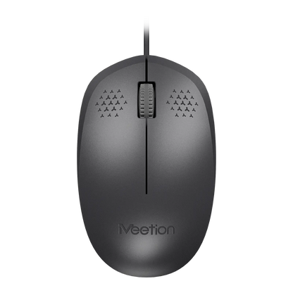 Black wired office mouse, top view with scroll wheel and logo