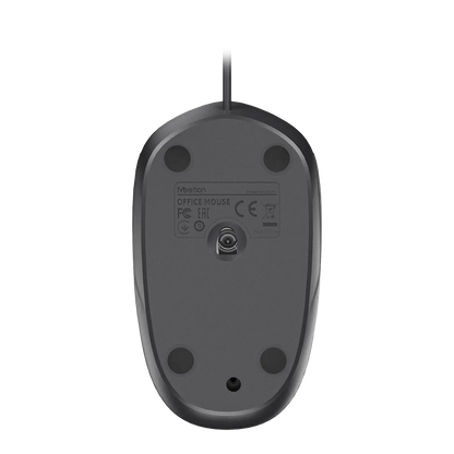 Black wired office mouse, underside view with sensor and attached cable