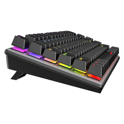 Angled view of 75% wired mechanical keyboard with RGB backlit keys and front feet.