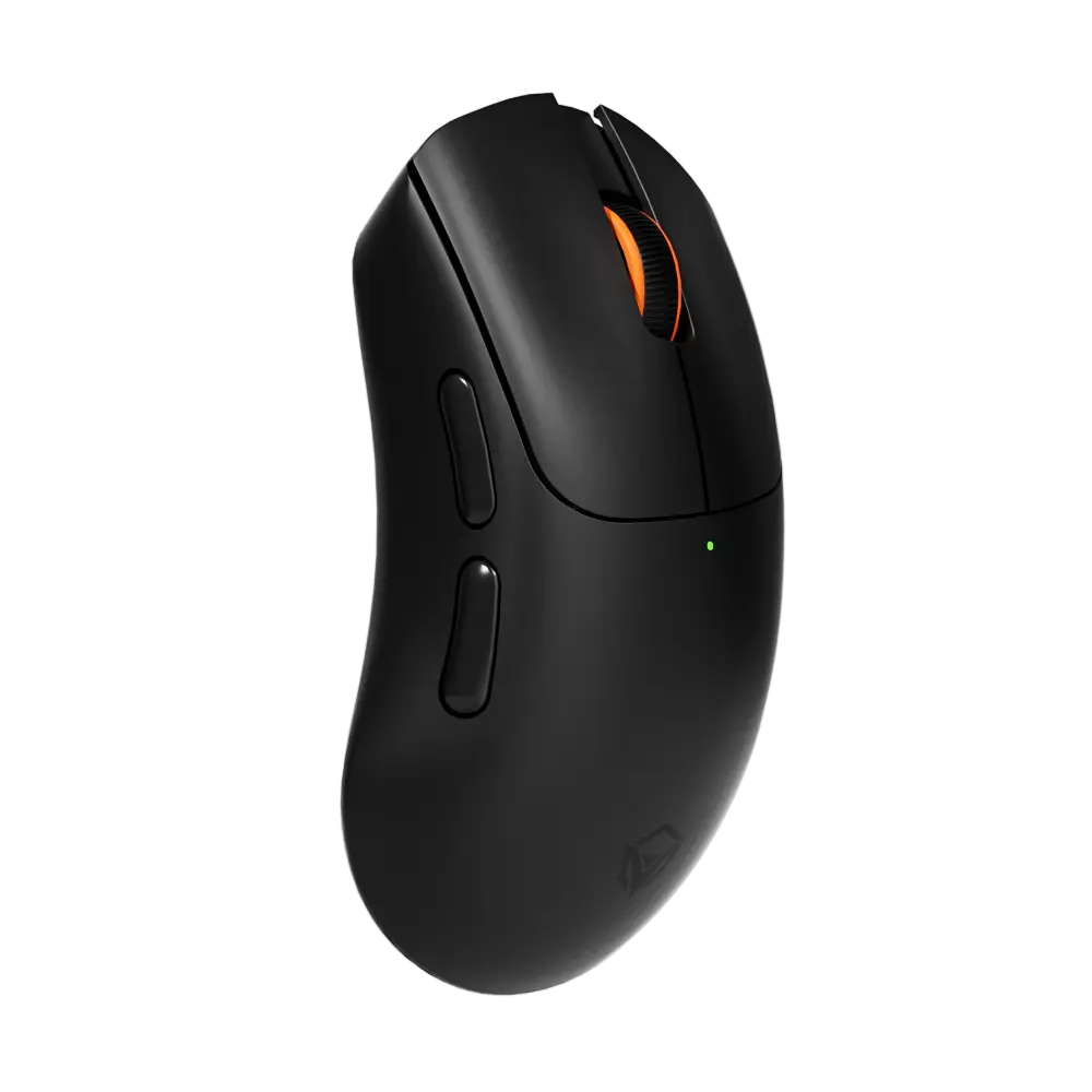 A black wireless gaming mouse with an orange scroll wheel accent and a small green LED indicator light, shown from a three-quarters angle on a solid white background.