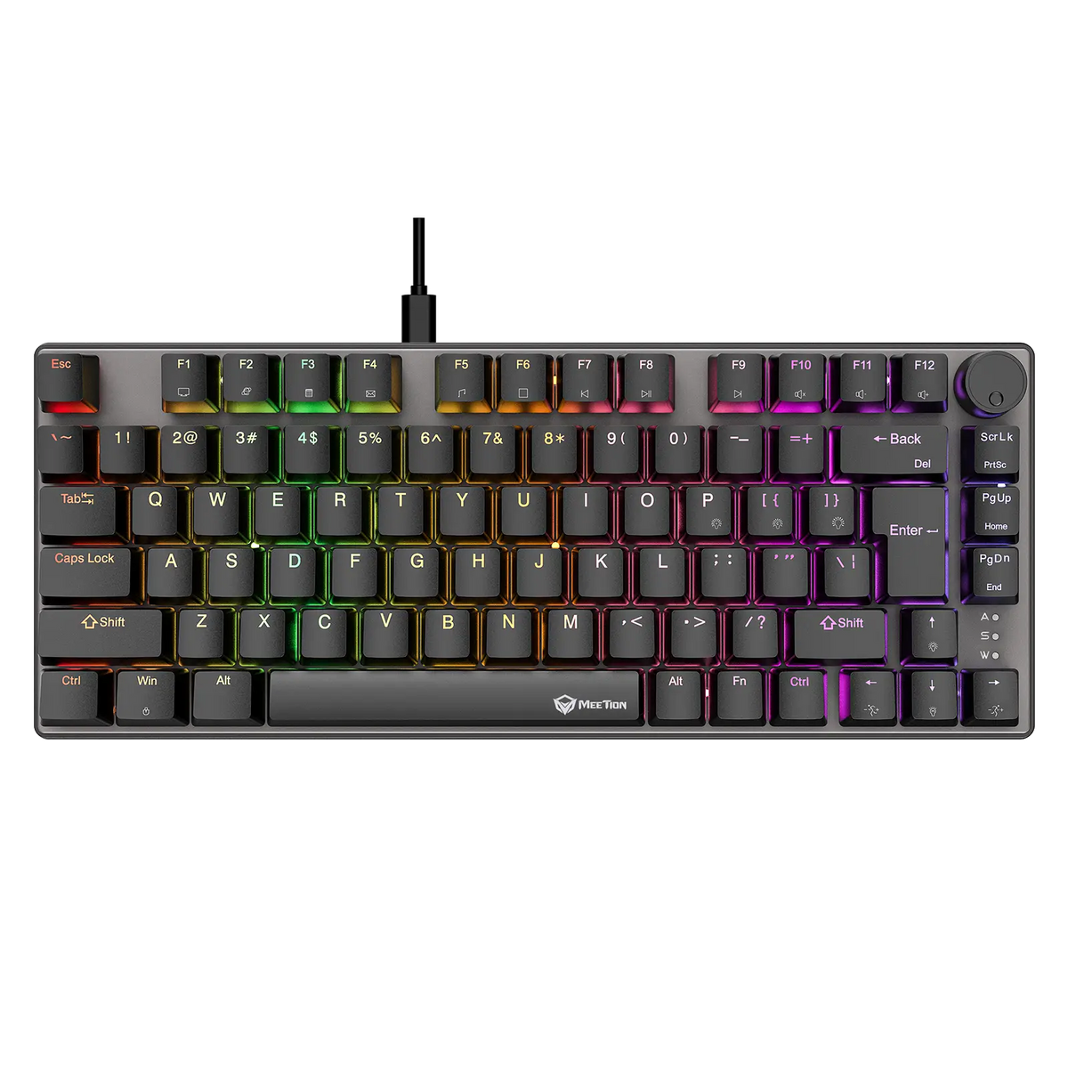 75% wired mechanical keyboard with RGB backlit keys and cable, dark keycaps.