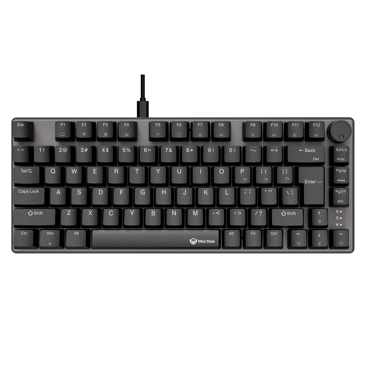 75% wired mechanical keyboard with dark keycaps and cable, English layout legends.