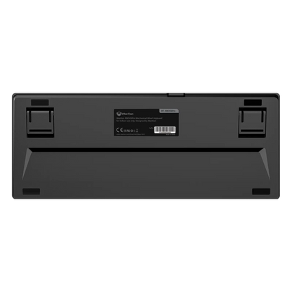 Bottom view of 75% wired mechanical keyboard, black case with label and corner feet.