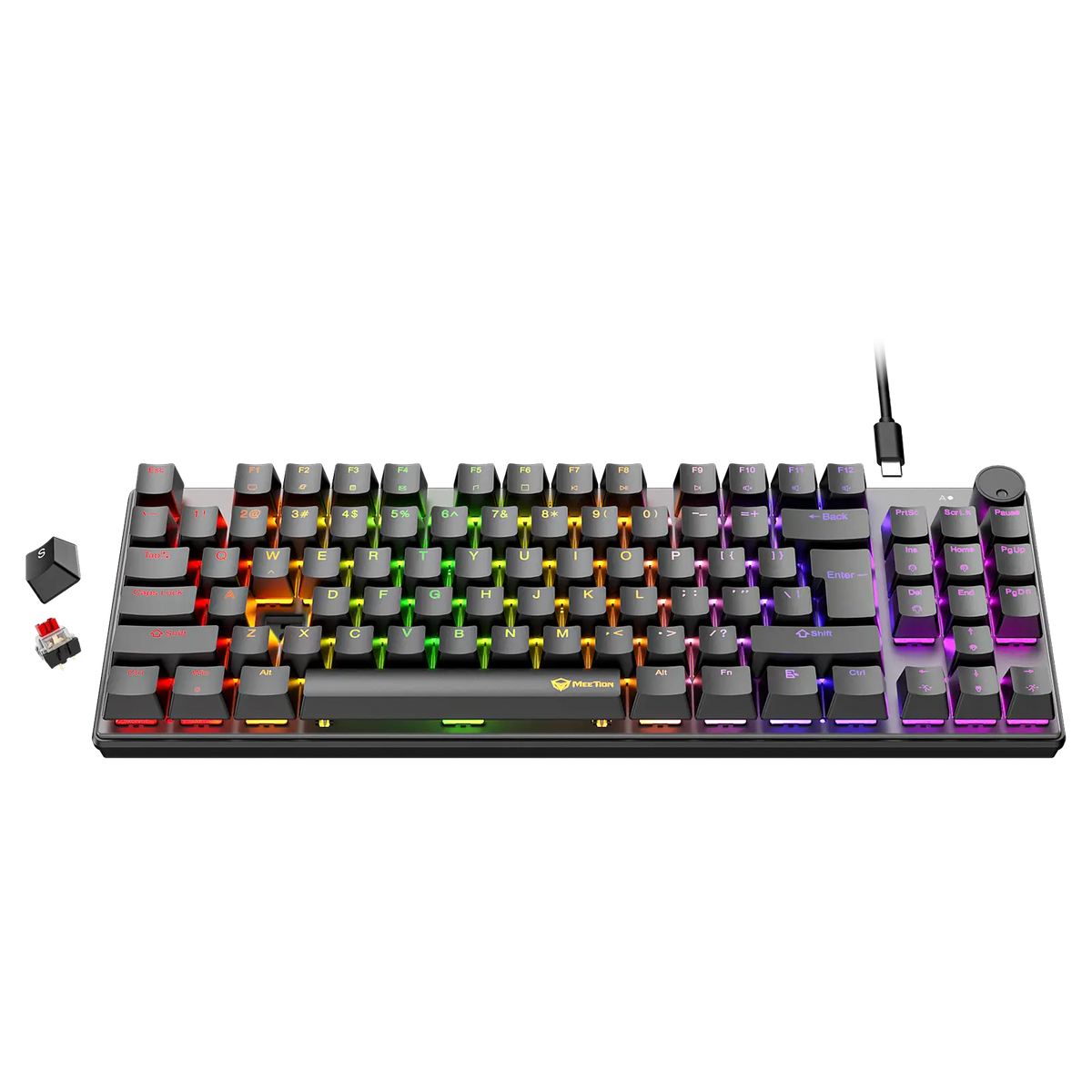 RGB wired mechanical keyboard with colorful keys and right-side dial