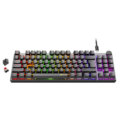 RGB wired mechanical keyboard with colorful keys and right-side dial