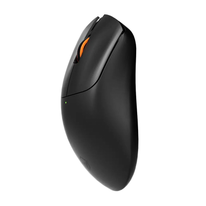 Black wireless mouse with orange side accent and smooth contoured shape