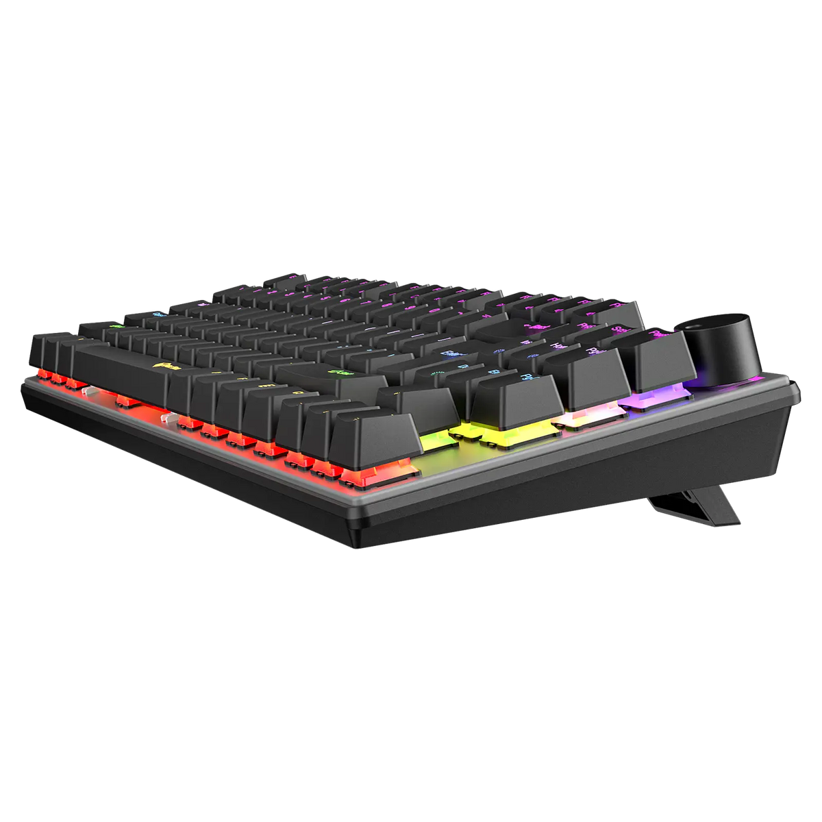 RGB wired mechanical keyboard angled view with rainbow backlighting