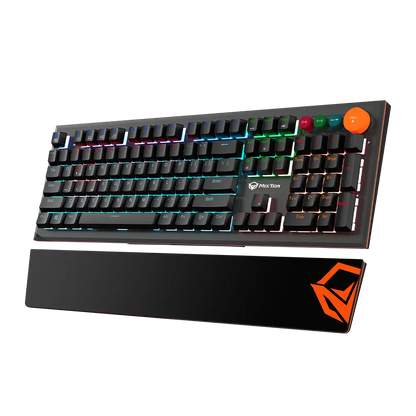 Wired mechanical keyboard angled view with RGB backlit keys and orange logo panel