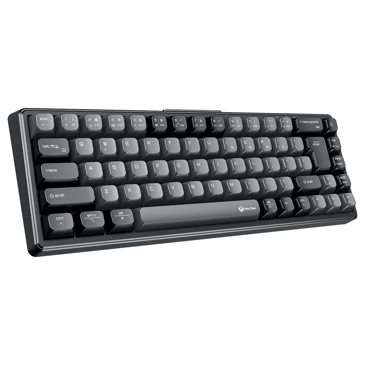 Close-up of black mechanical keyboard with gray keycaps and English letters