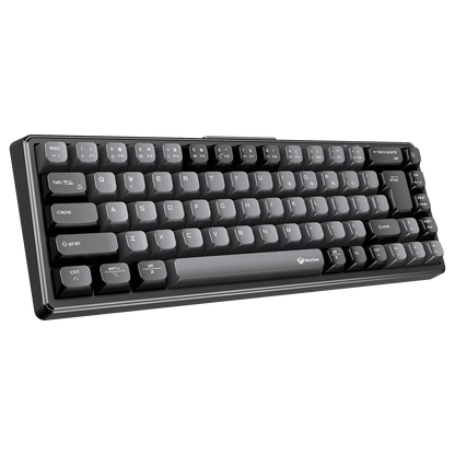 Close-up of black mechanical keyboard with gray keycaps and English letters
