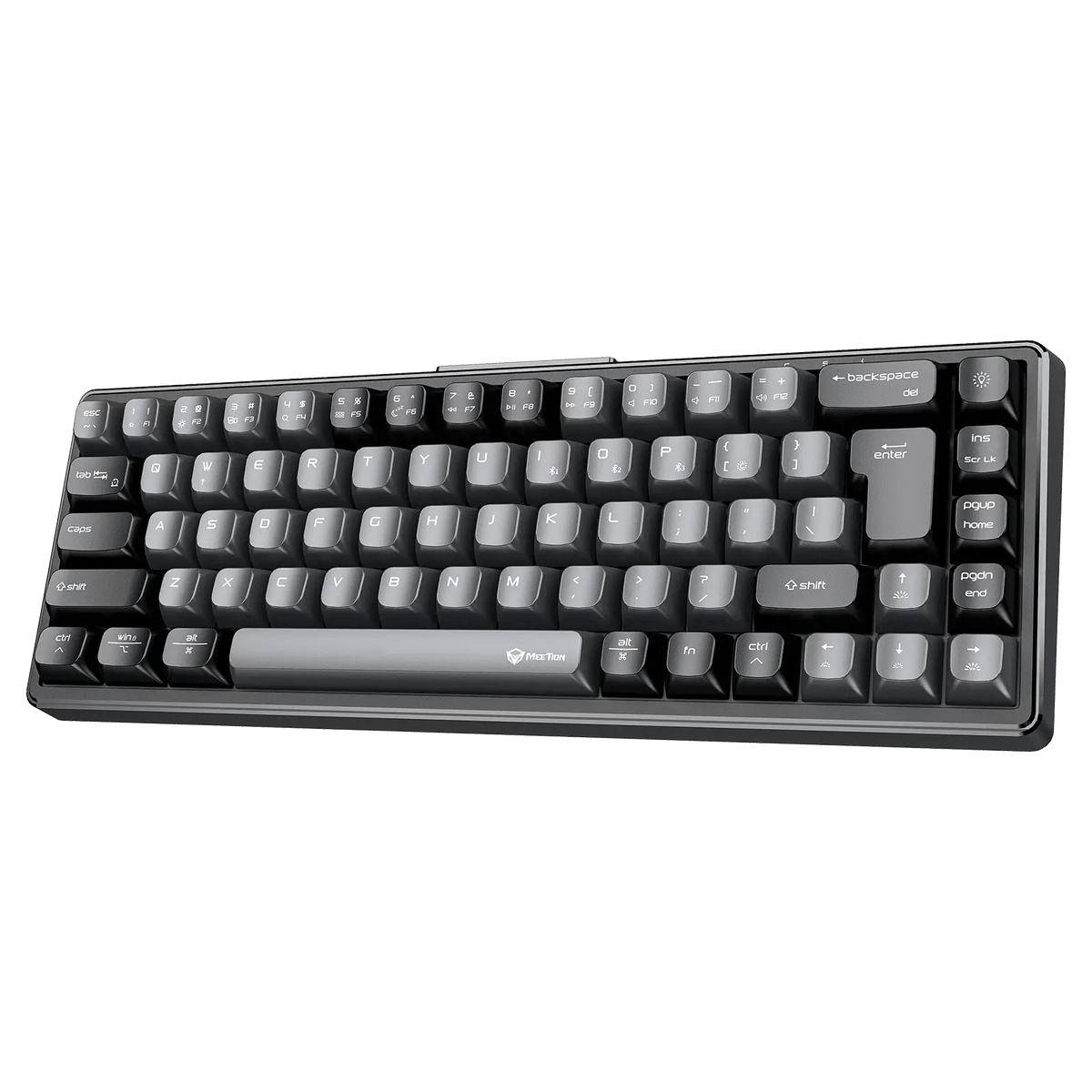 Black mechanical keyboard with gray keycaps and curved top plate