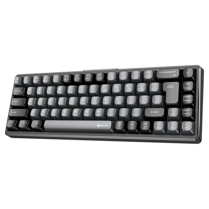 Black mechanical keyboard with gray keycaps and curved top plate