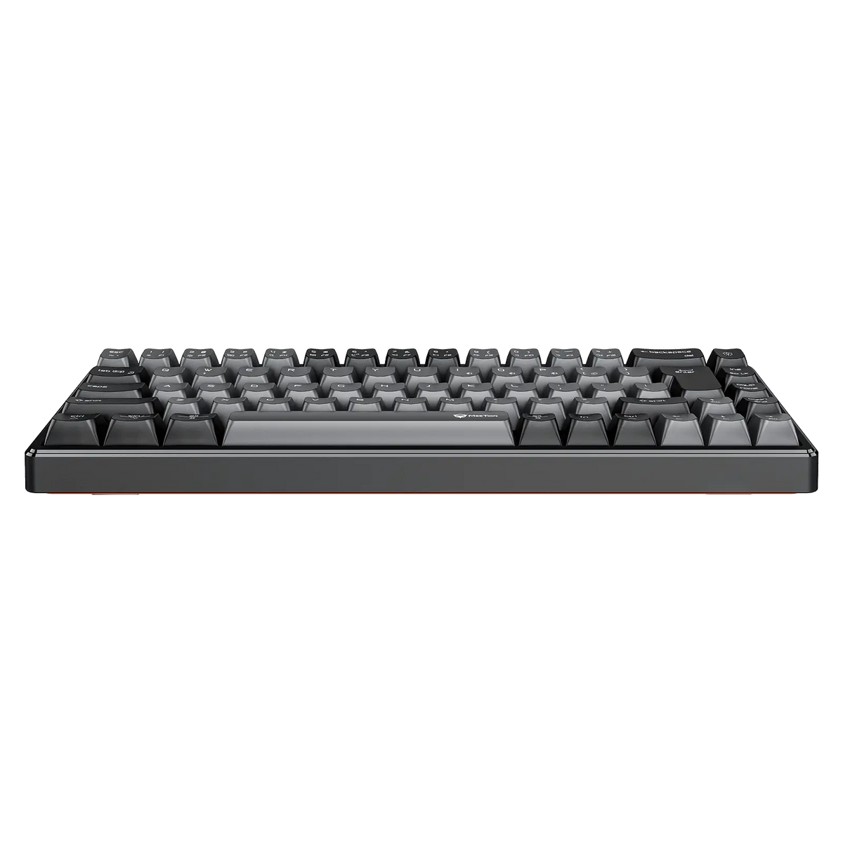 Black mechanical keyboard with keycaps and orange accent trim along bottom