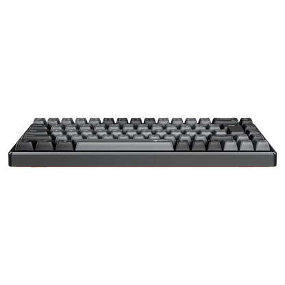 Black mechanical keyboard with keycaps and orange accent trim along bottom