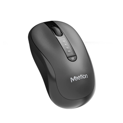 Ergonomic wireless mouse angled view, scroll wheel and thumb buttons on side.