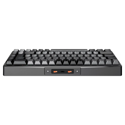 Black mechanical keyboard with white keycaps and orange indicator display