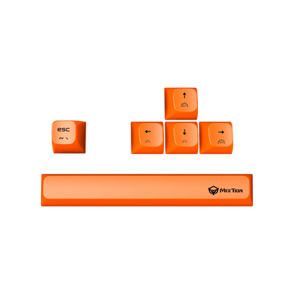 Orange mechanical keyboard keycaps with arrow, ESC, and Meetion logo