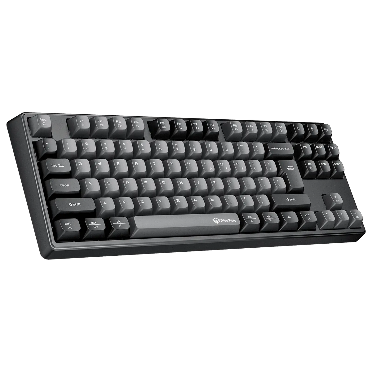 Close-up of black mechanical keyboard with dark keycaps and subtle RGB lighting