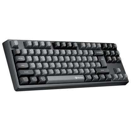 Close-up of black mechanical keyboard with dark keycaps and subtle RGB lighting