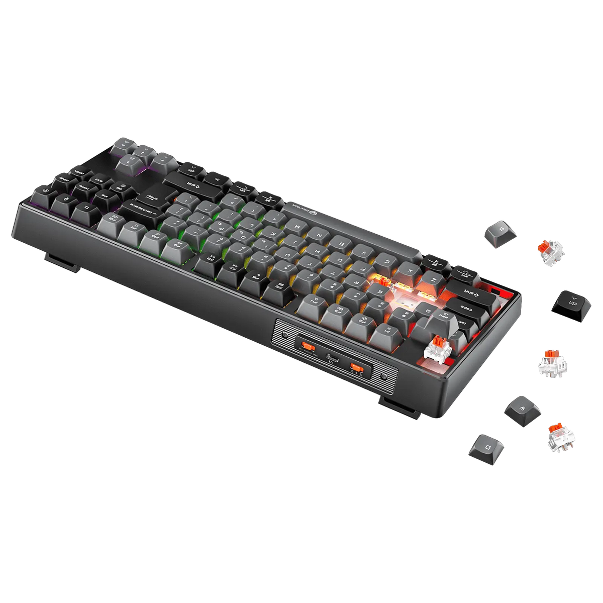 Black mechanical keyboard with RGB backlit keys and side charging/connection ports