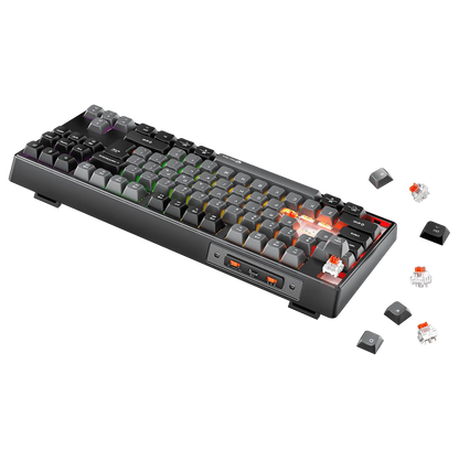 Black mechanical keyboard with RGB backlit keys and side charging/connection ports